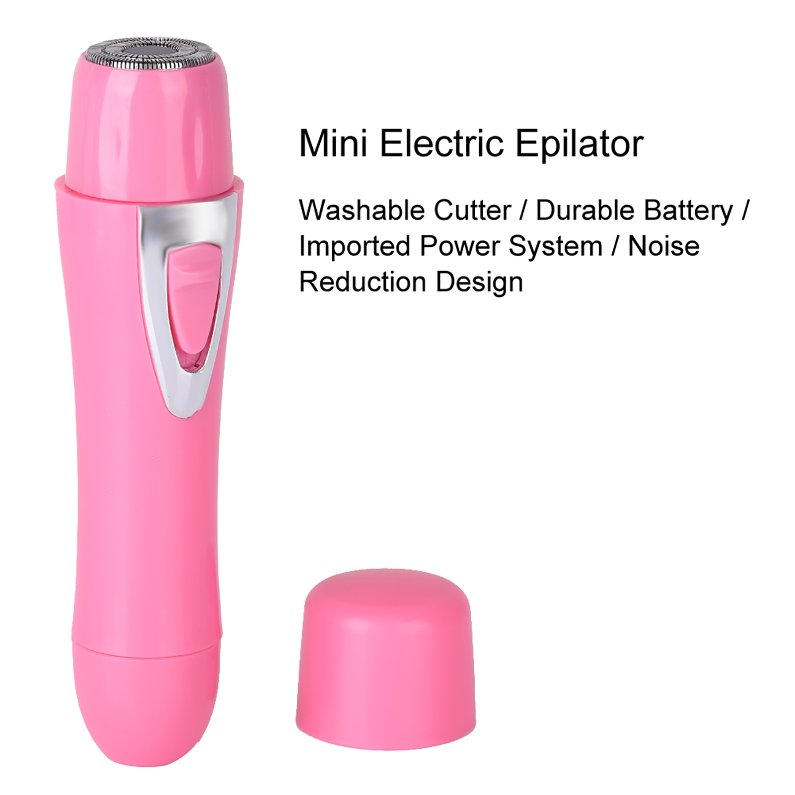 Ein rosa Mini-Elektro-Epilierer mit separater Kappe auf weißem Hintergrund. Text beschreibt Eigenschaften.