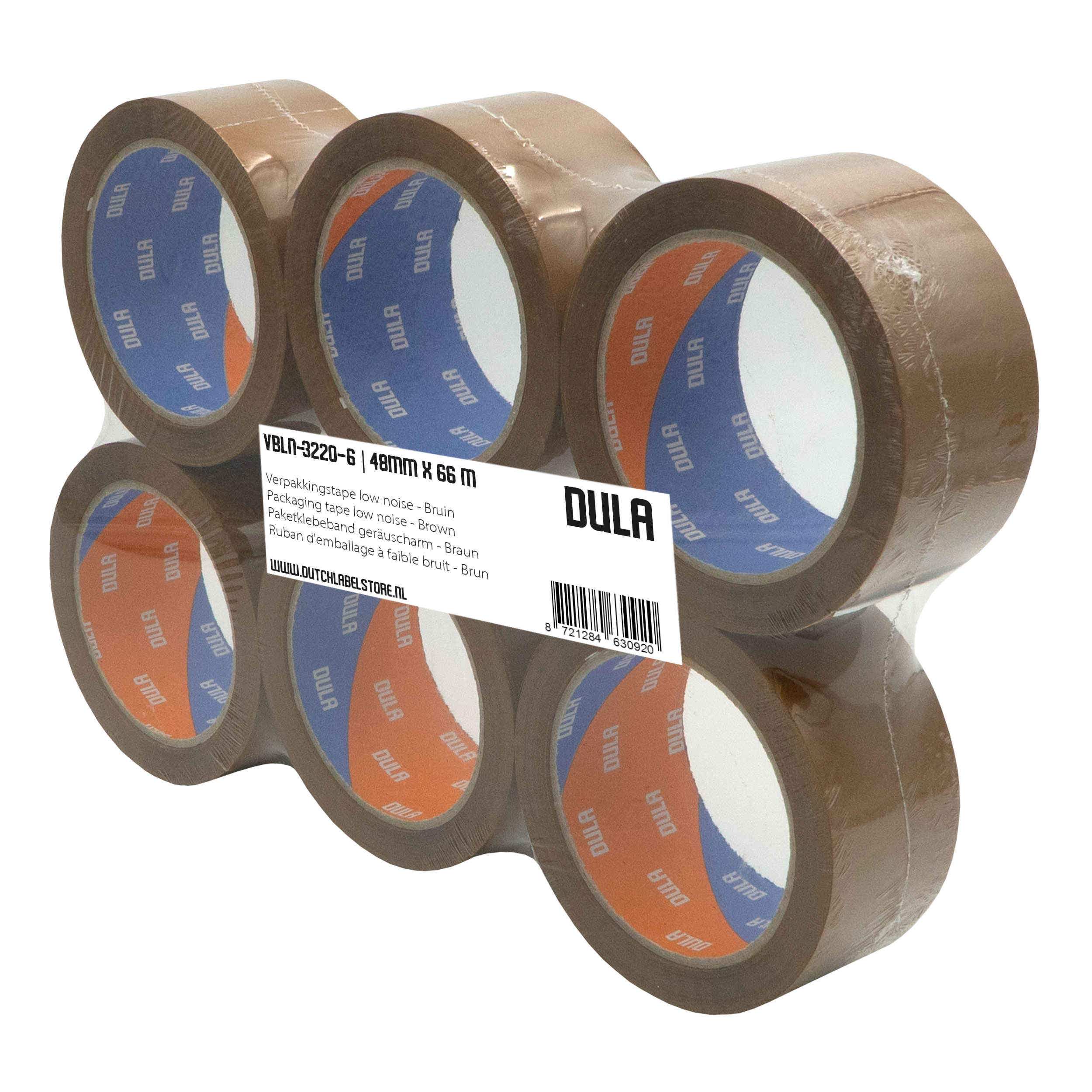 Zes rollen bruine verpakkingstape, verpakt in doorzichtig plastic. Elke rol toont de merknaam 'DULA'.