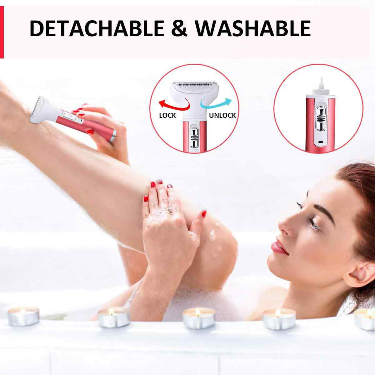 Eine Frau benutzt einen rosa Rasierer in der Badewanne. Das Bild zeigt den Rasierer, die Haut und Diagramme zum Ver- und Entriegeln.