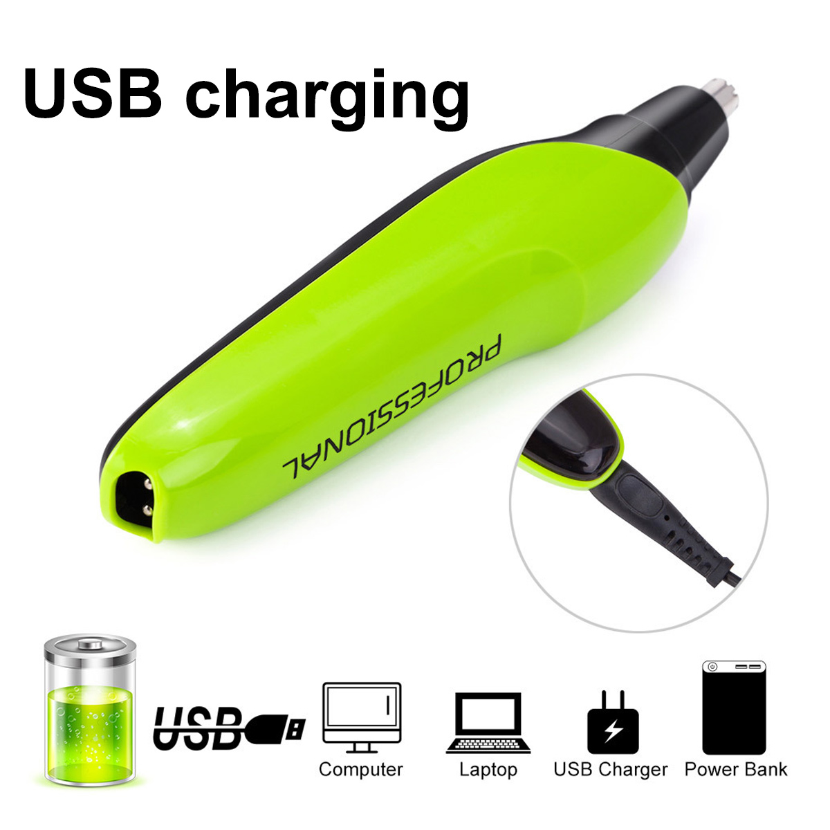 Ein grün-schwarzer Nasenhaartrimmer mit USB-Ladefunktion. Symbole für Akku, Computer, Laptop, Ladegerät und Powerbank werden gezeigt.