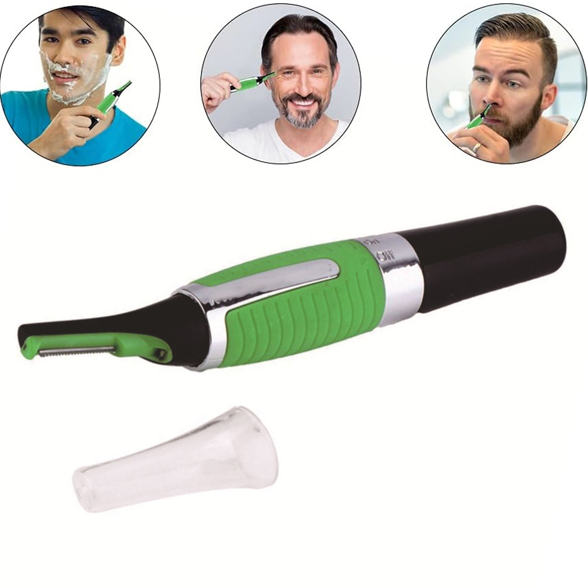 Ein elektrischer Trimmer mit grünen und schwarzen Akzenten. Drei Männer werden gezeigt, wie sie ihn in ihren Gesichtern benutzen. Unter dem Trimmer befindet sich eine transparente Kappe.