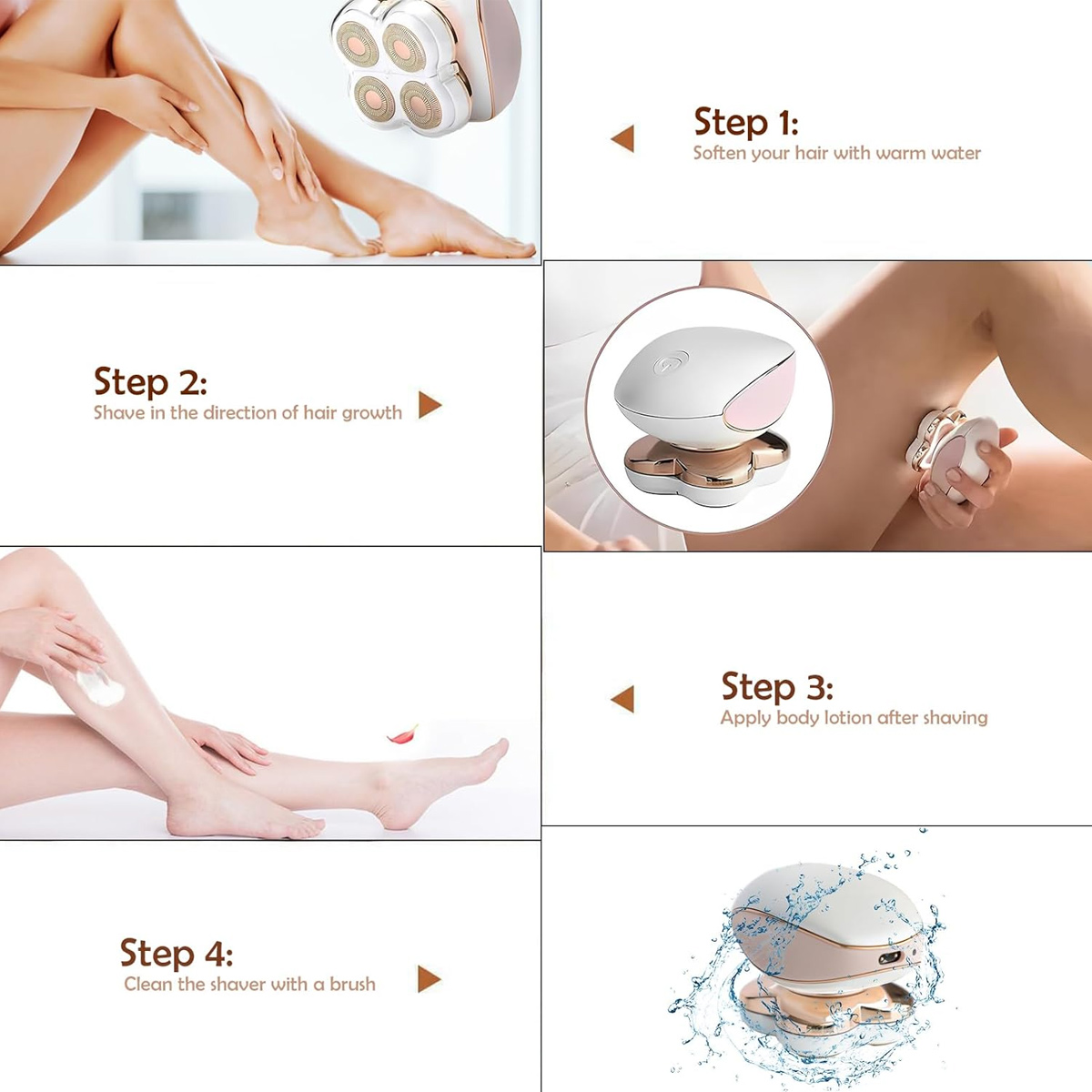 Das Bild zeigt Schritte zum Rasieren der Beine. Schritt 1: Haare aufweichen. Schritt 2: rasieren. Schritt 3: Lotion auftragen. Schritt 4: Rasierer reinigen.