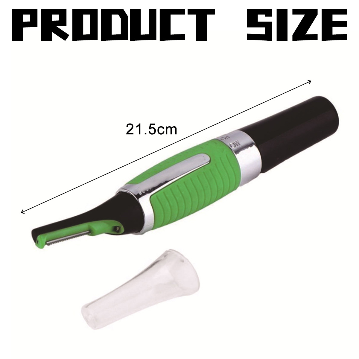 Ein elektrischer Trimmer mit grünem Griff und schwarzem Oberteil. Darunter liegt eine transparente Kappe. Produktgröße: 21,5 cm.