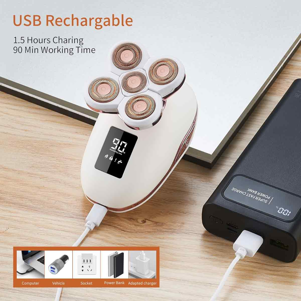 Weißer Elektrorasierer mit fünf Köpfen, der über eine Powerbank aufgeladen wird. Enthält Symbole für Ladeoptionen. Der Rasierer zeigt 90 Minuten Nutzung.
