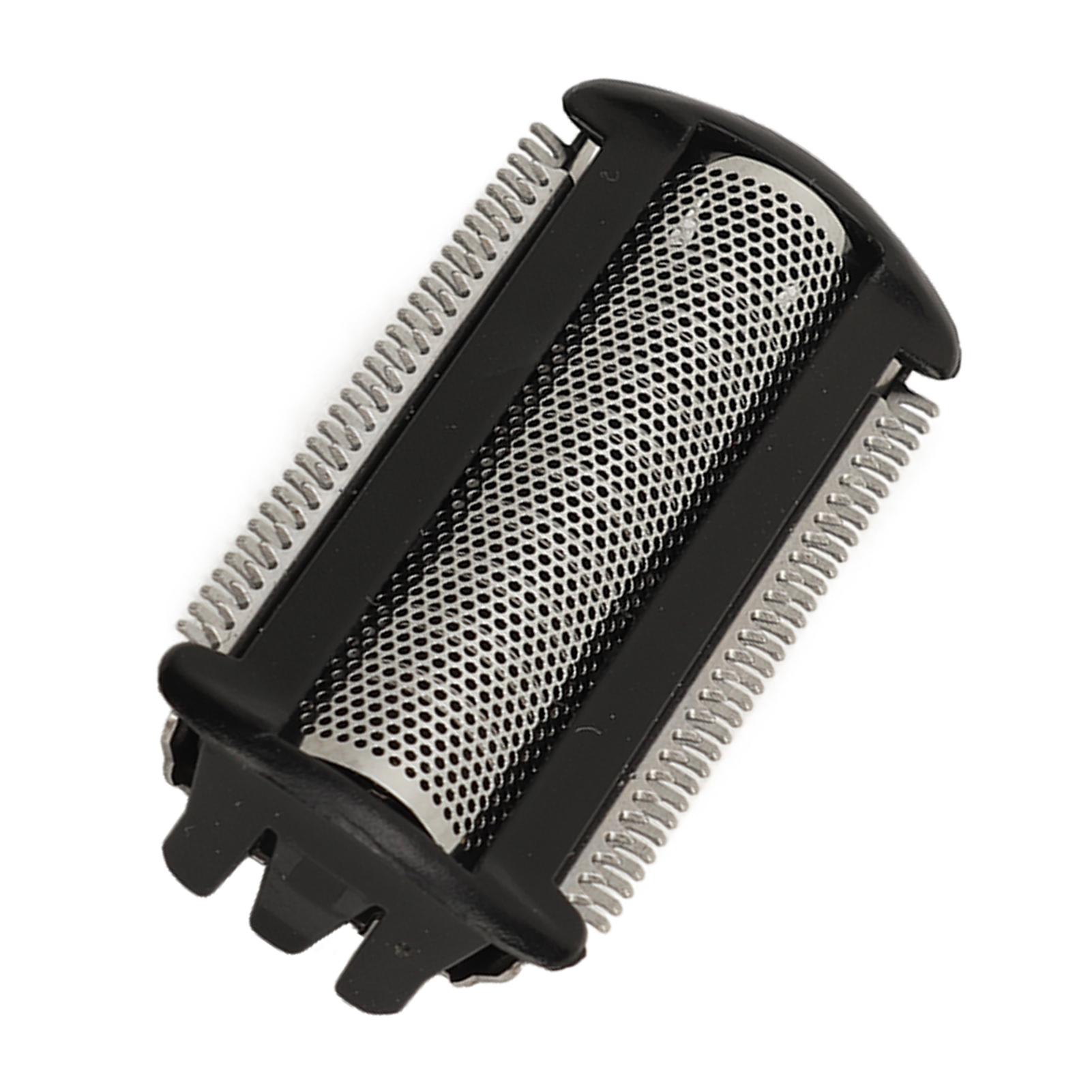 Nahaufnahme eines schwarz-silbernen Rasiererkopfes mit perforiertem Metallgitter und Klingen.