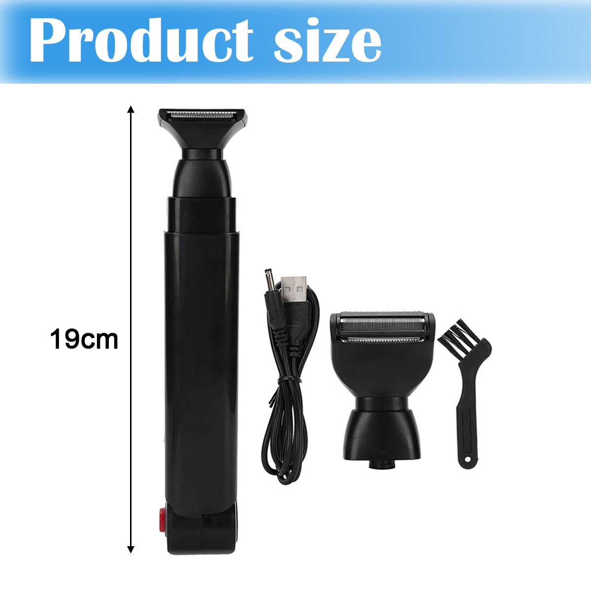 Ein schwarzer Barttrimmer mit Aufsätzen und einem USB-Ladekabel. Die Größe ist mit 19 cm angegeben. Der Hintergrund ist weiß.