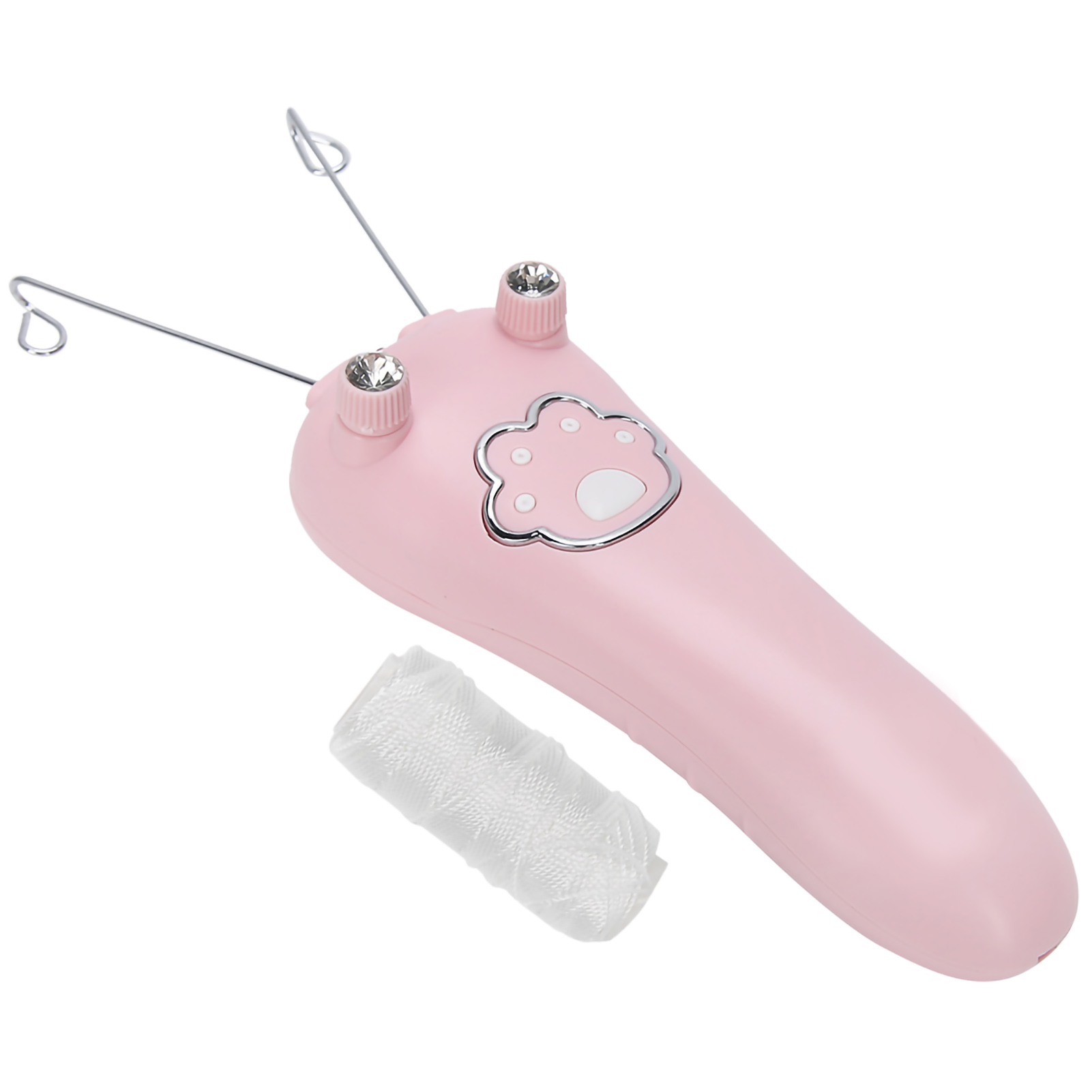 Ein rosa Epilierer mit silbernen Metallteilen und einer weißen Stoffrolle. Das Gerät hat einen pfotenförmigen Knopf.