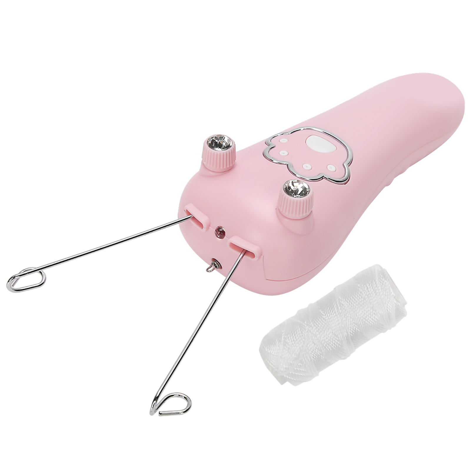 Ein pinkfarbener Gesichtsepilierer mit zwei Stahlarmen und einer weißen Fadenrolle. Der Epilierer hat ein Pfotenabdruck-Design.