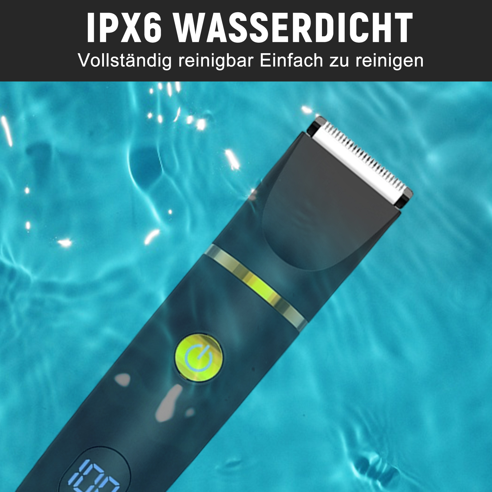 Ein dunkelblauer Elektrorasierer, der teilweise in blauem Wasser liegt. Der Rasierer hat einen Einschaltknopf.