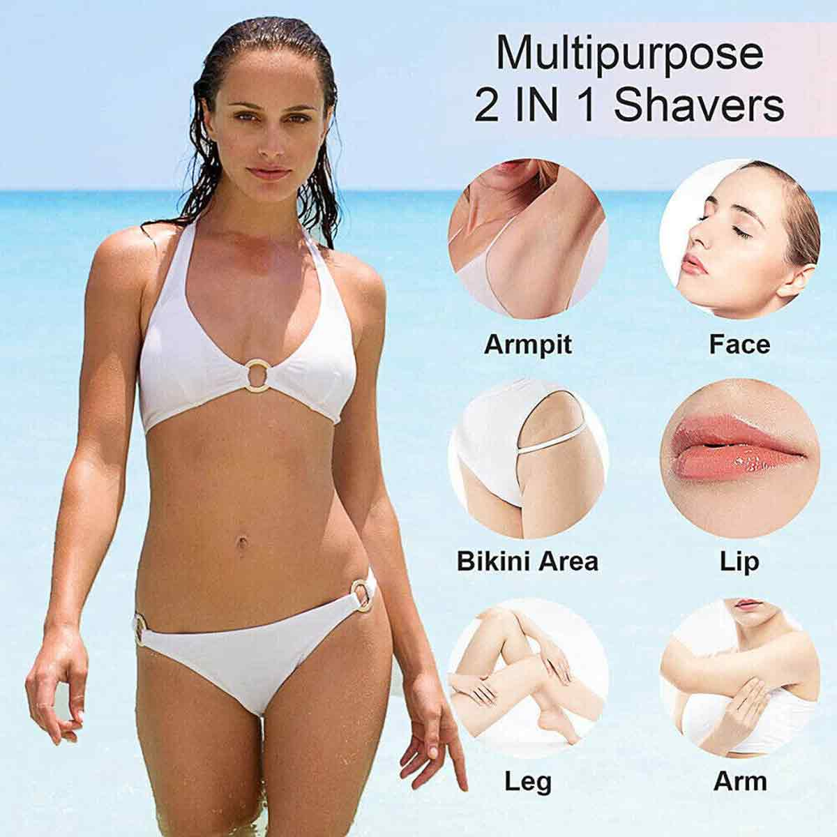 Frau im weißen Bikini am Strand, Produktwerbung für Rasierer. Enthält Nahaufnahmen von Gesicht, Achselhöhle, Bikinizone, Lippe, Bein und Arm.