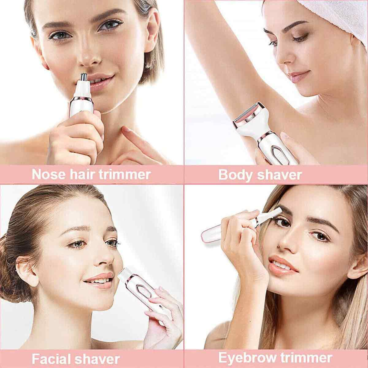 Das Bild zeigt vier Frauen, die verschiedene Pflegegeräte verwenden: Nasenhaartrimmer, Körperschneider, Gesichtshaarschneider und Augenbrauentrimmer.