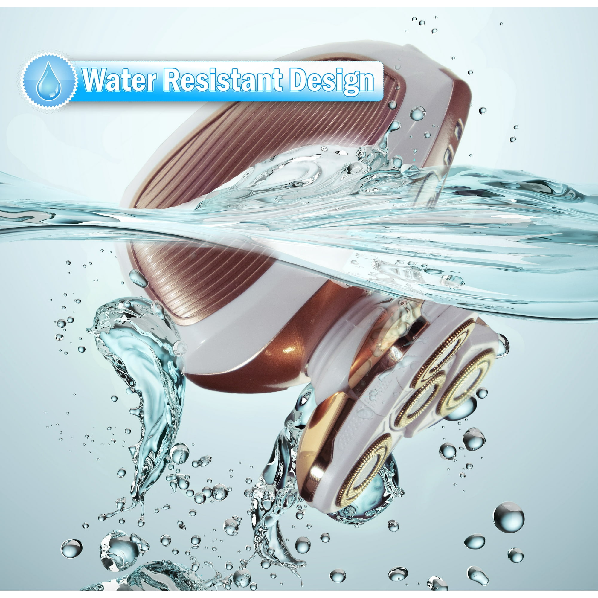Elektrischer Rasierer unter Wasser. Er hat goldene und weiße Teile. Wassertropfen umgeben den Rasierer.