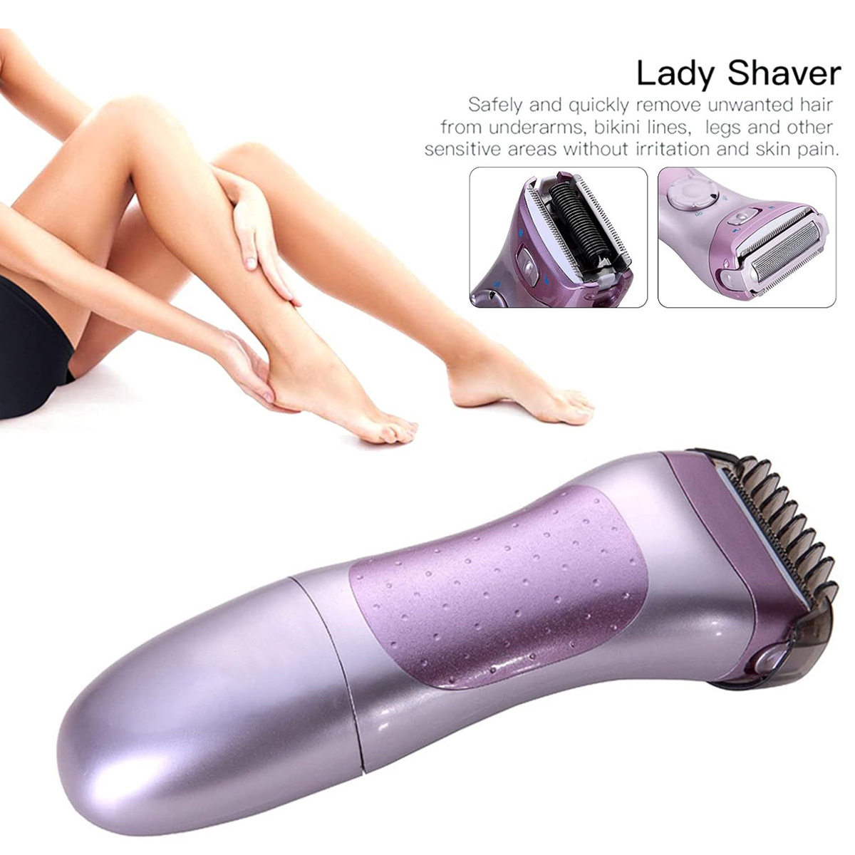 Beine einer Frau, Rasierer und Produktaufnahmen. Der Rasierer ist lila. Text: Lady Shaver, entfernt Haare sicher und schnell.
