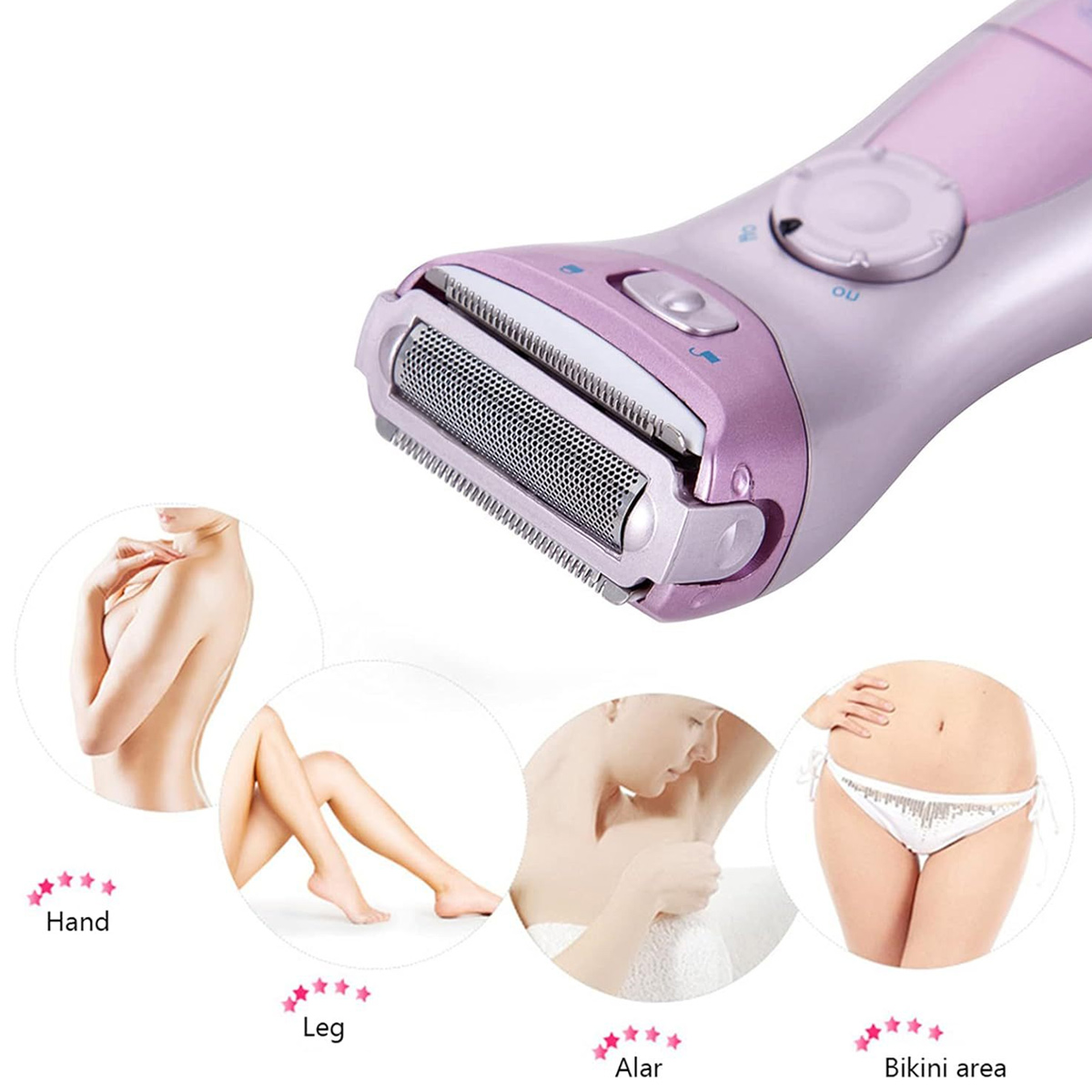 Nahaufnahme eines rosa-grauen Elektrorasierers. Kreise unten zeigen Körperteile: Hand, Bein, Achselhöhle und Bikinibereich.