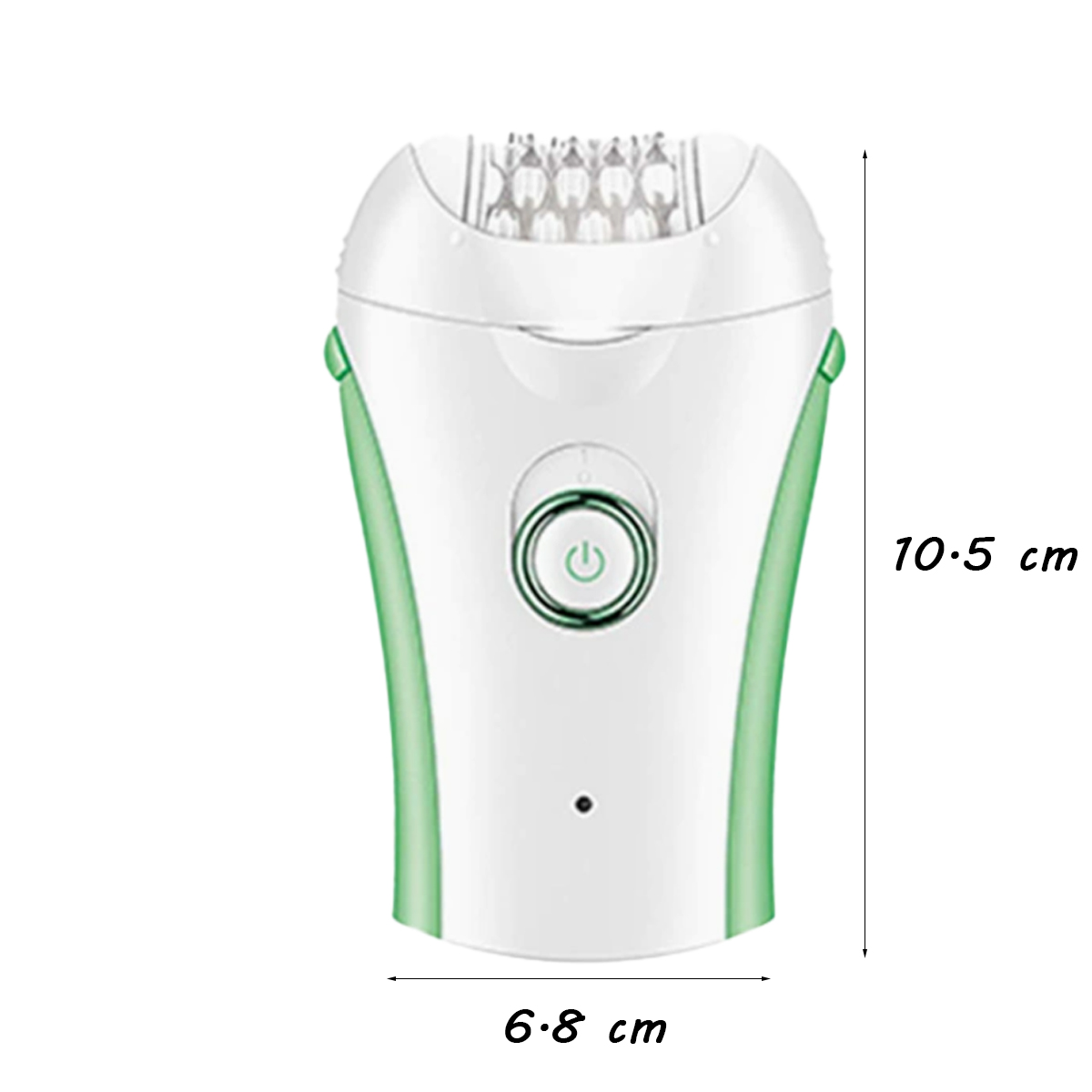 Weißer und grüner Elektrorasierer mit Ein-Aus-Taste, 10,5 cm hoch und 6,8 cm breit. Klingen oben sichtbar.
