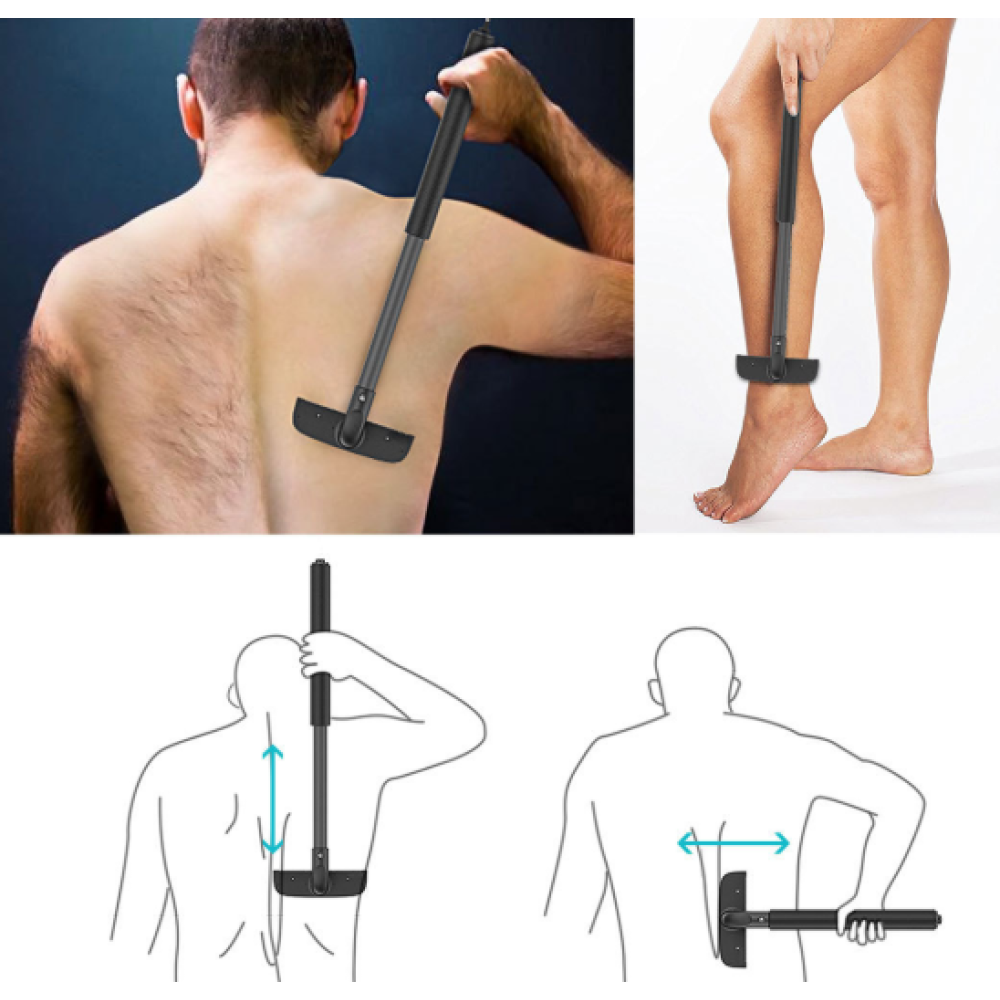 Ein Mann benutzt einen Langstiel-Rückenschaber, Nahaufnahme des Rückens, Bein. Diagramme zeigen die Verwendung des Werkzeugs.