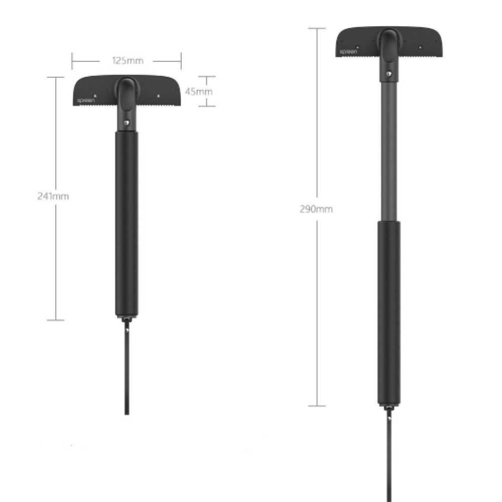 Zwei schwarze Abzieher mit Abmessungen. Einer ist 241 mm, der andere 290 mm hoch. Beide haben einen Griff und eine Klinge.