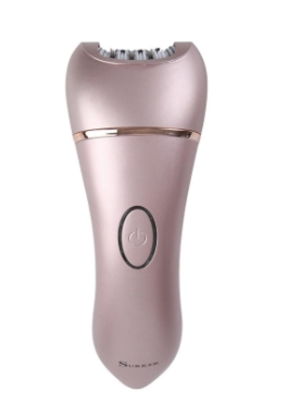 Ein roségoldener Elektrorasierer mit Ein-/Aus-Taste. Der Kopf hat kleine, dunkle Klingen. Der Markenname ist unten sichtbar.