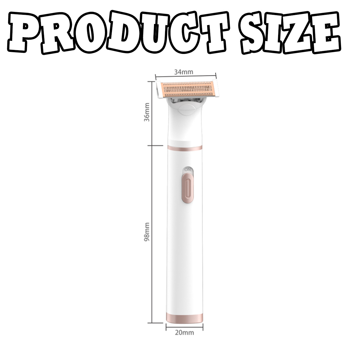 Das Bild zeigt einen elektrischen Rasierer mit den Maßen: 34 mm Kopf, 36 mm Kopfhöhe, 98 mm Länge und 20 mm Basis. Text lautet 'PRODUCT SIZE'.