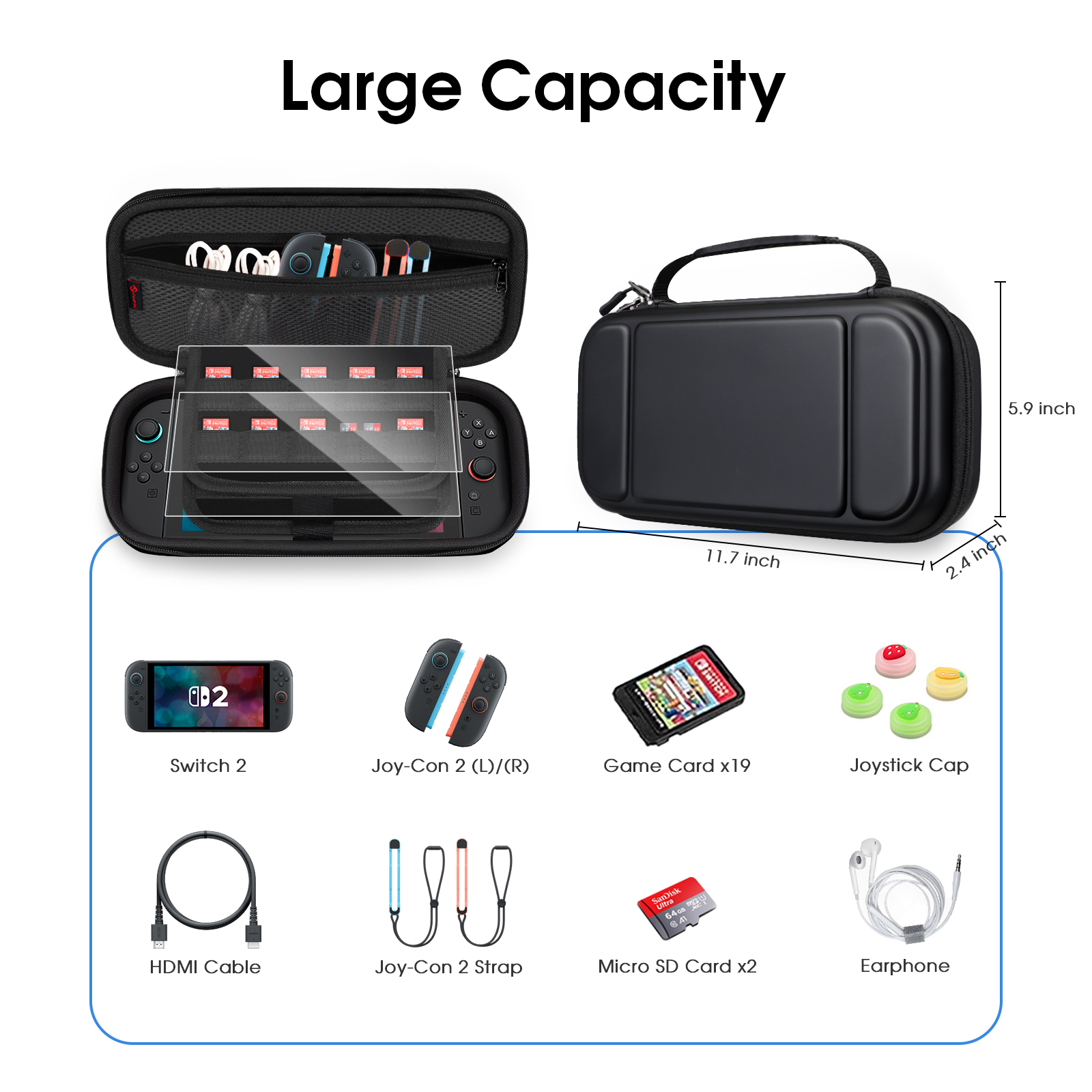 Eine schwarze Tragetasche mit Switch. Zubehör wie Spielkarten, Joy-Cons und Kabel sind abgebildet.