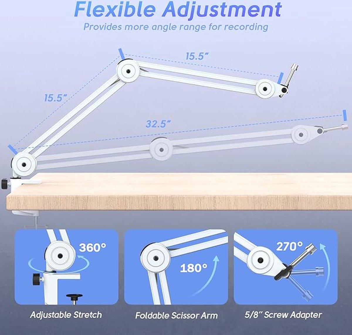 Diagram van een verstelbare arm. Het heeft metingen en labels zoals 'Flexible Adjustment', '360°' en '5/8" Screw Adapter'.