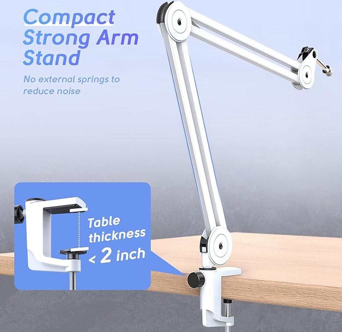 Een witte armstandaard is op een houten oppervlak geklemd. De tekst geeft aan dat de arm compact en sterk is, zonder externe veren. Een blauwe doos zegt tafeldikte <lt/> 2 inch.