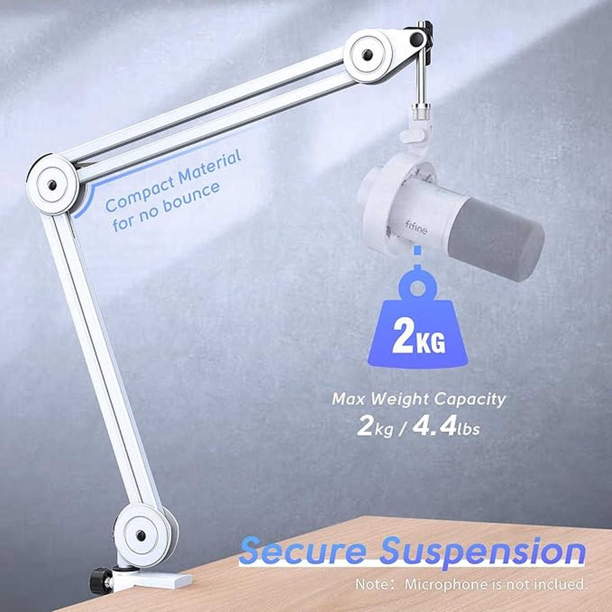 Een witte microfoonstandaard met een grijze microfoon. Tekst op de standaard zegt compact materiaal. Kan tot 2 kg aan.