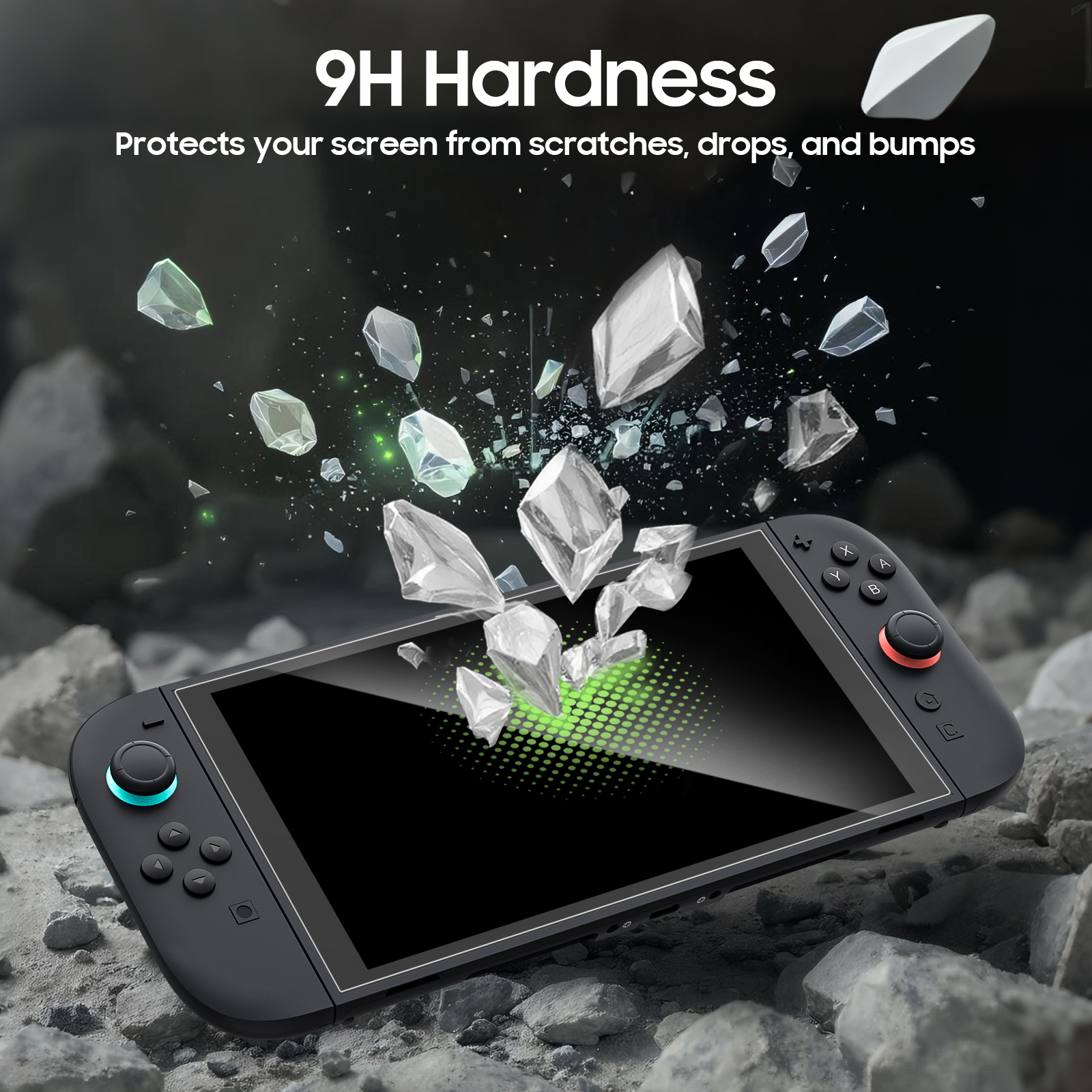 Eine Switch-Konsole mit Glassplittern, die Displayschutz anzeigen. Text: '9H Härte' und schützt vor Kratzern, Stürzen und Stößen.