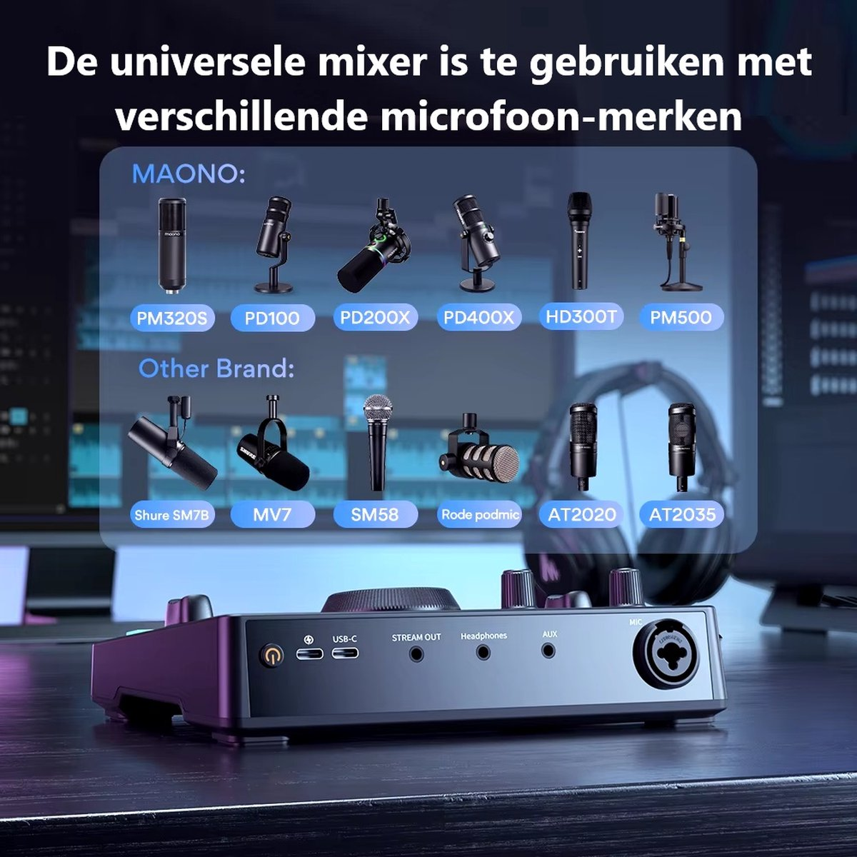 Image shows a mixer with various microphones of different brands, including MAONO, Shure, and Rode, on a desk.