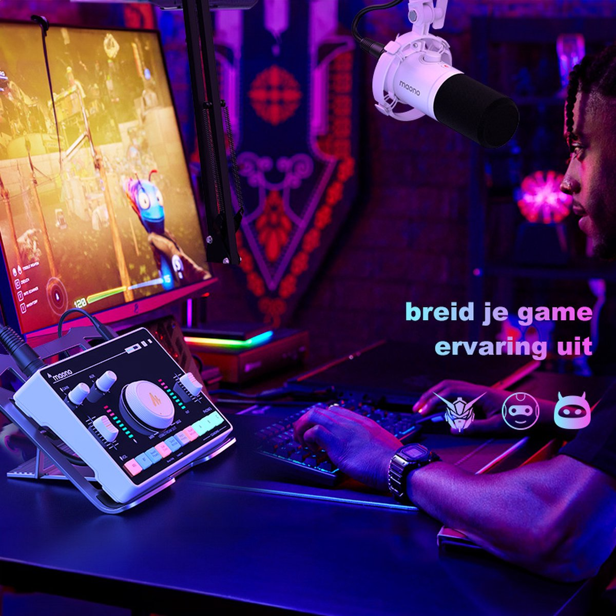 A person is gaming, a microphone and a mixer are on the desk, the game is displayed on the screen, and the text says 'Expand your game experience'.