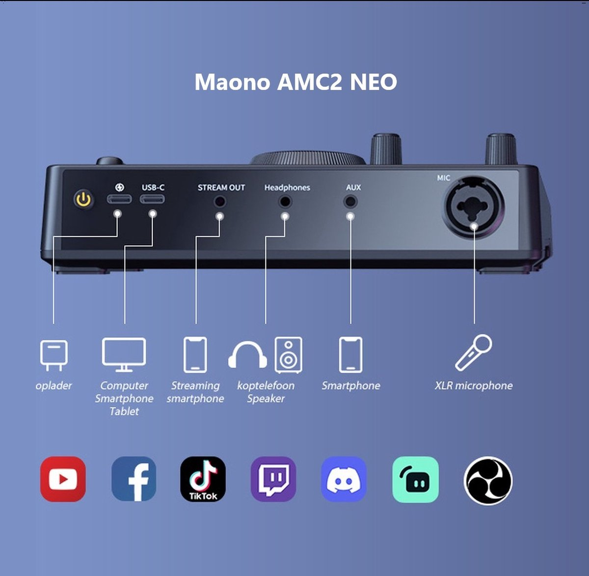 A black Maono AMC2 NEO audio interface with various ports and social media app icons on a blue background.