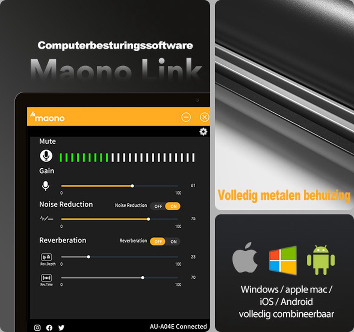 App-interface met audio-instellingen, waaronder dempen, versterking, ruisonderdrukking en reverb-bediening. Compatibel met Windows, Apple, iOS en Android.