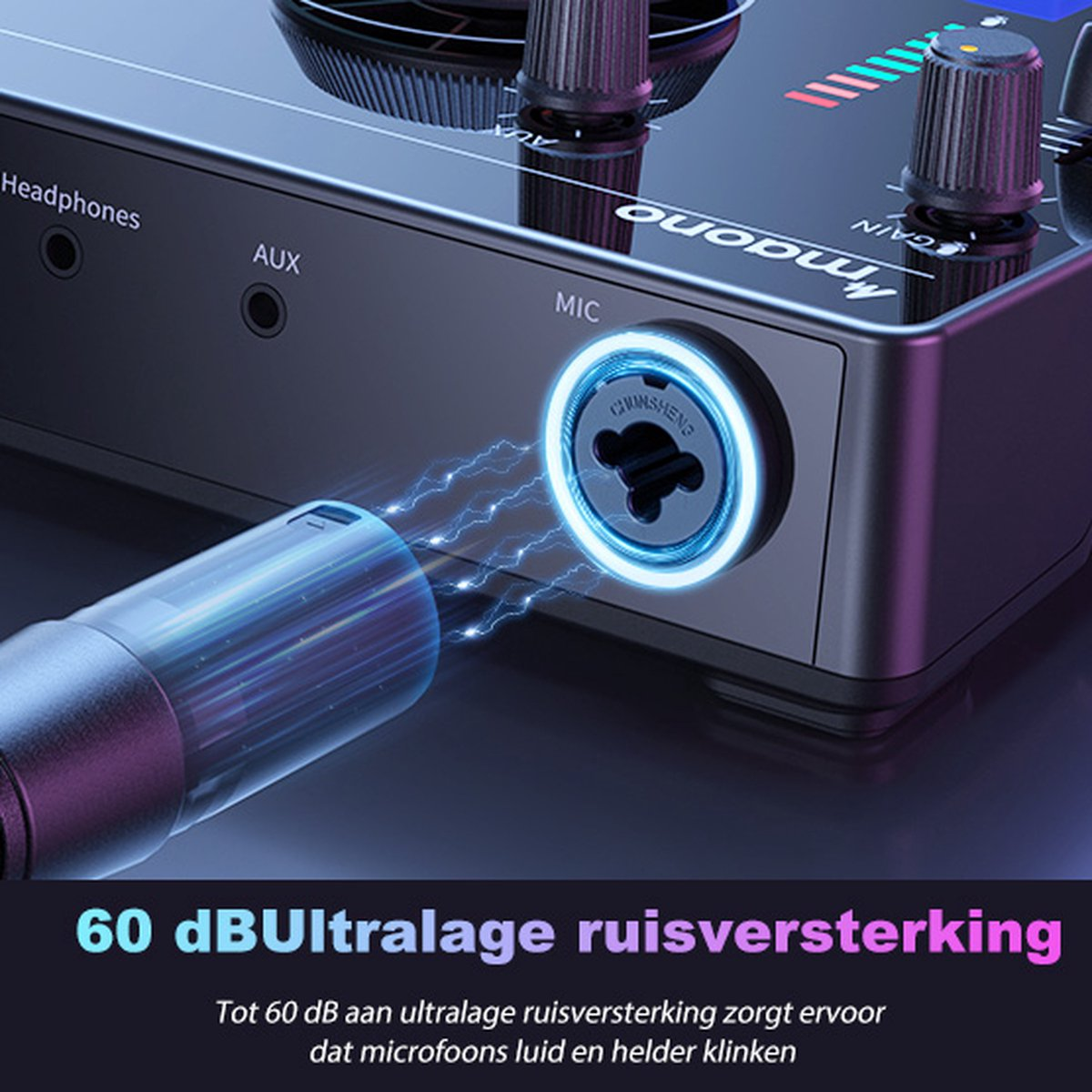 Een close-up van een zwarte audio-interface met een aangesloten microfoon. Het heeft verschillende knoppen en ingangsaansluitingen.
