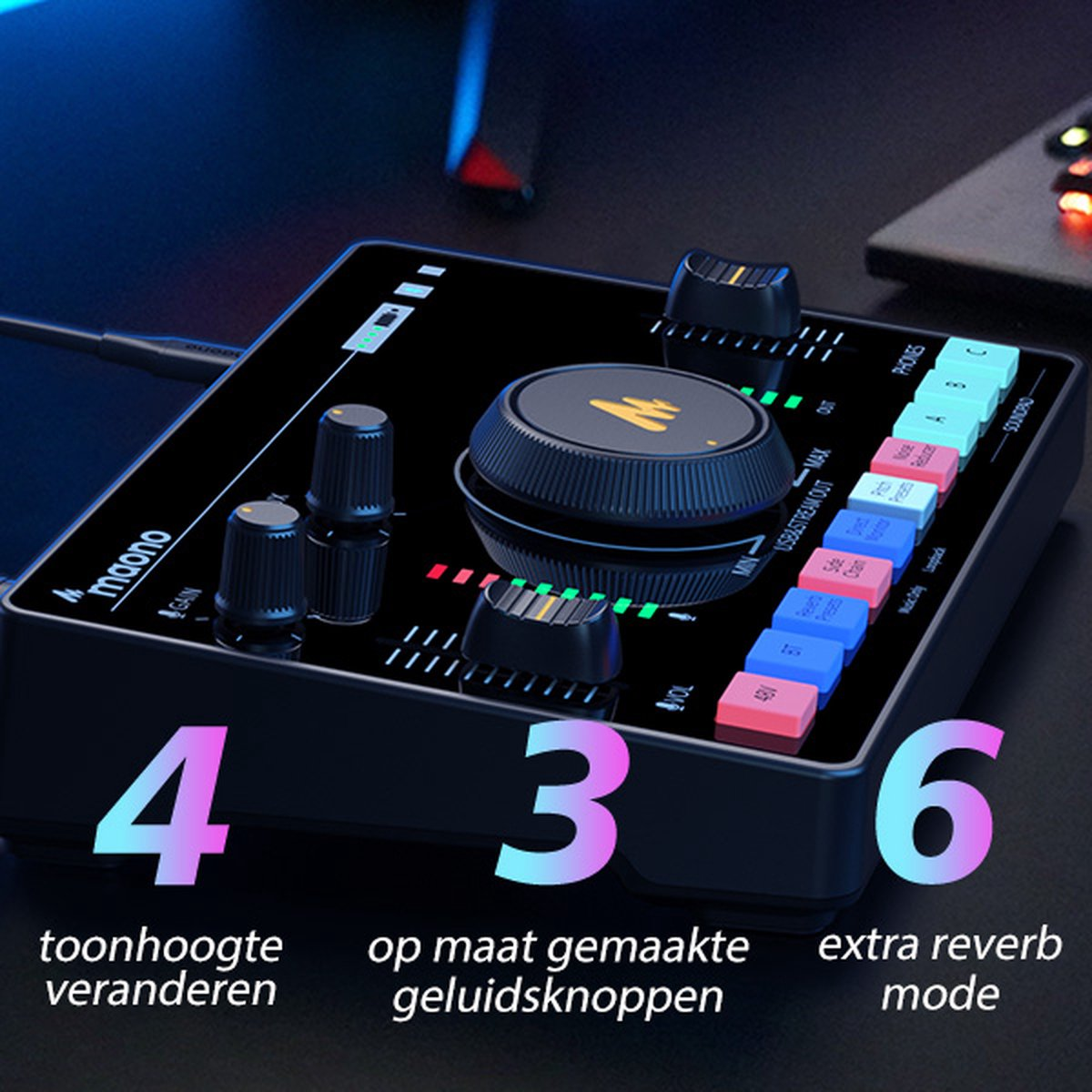 Black audio mixer with knobs and buttons. Numbers 4, 3, and 6 highlight functions. Text below describes pitch, sound, and reverb modes.