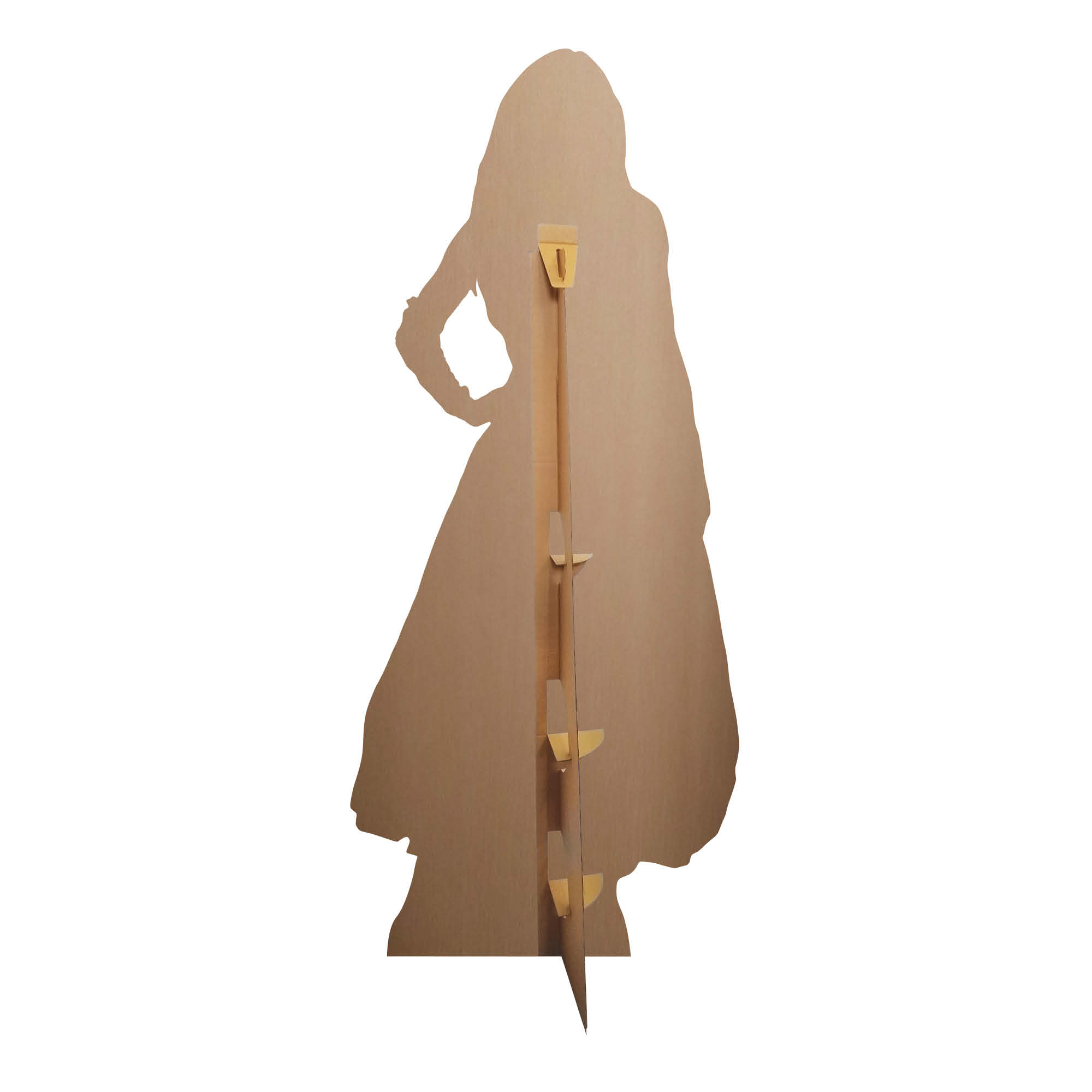 Pappaufsteller einer Frau in einem langen Kleid, von hinten gesehen. Der Hintergrund ist weiß.