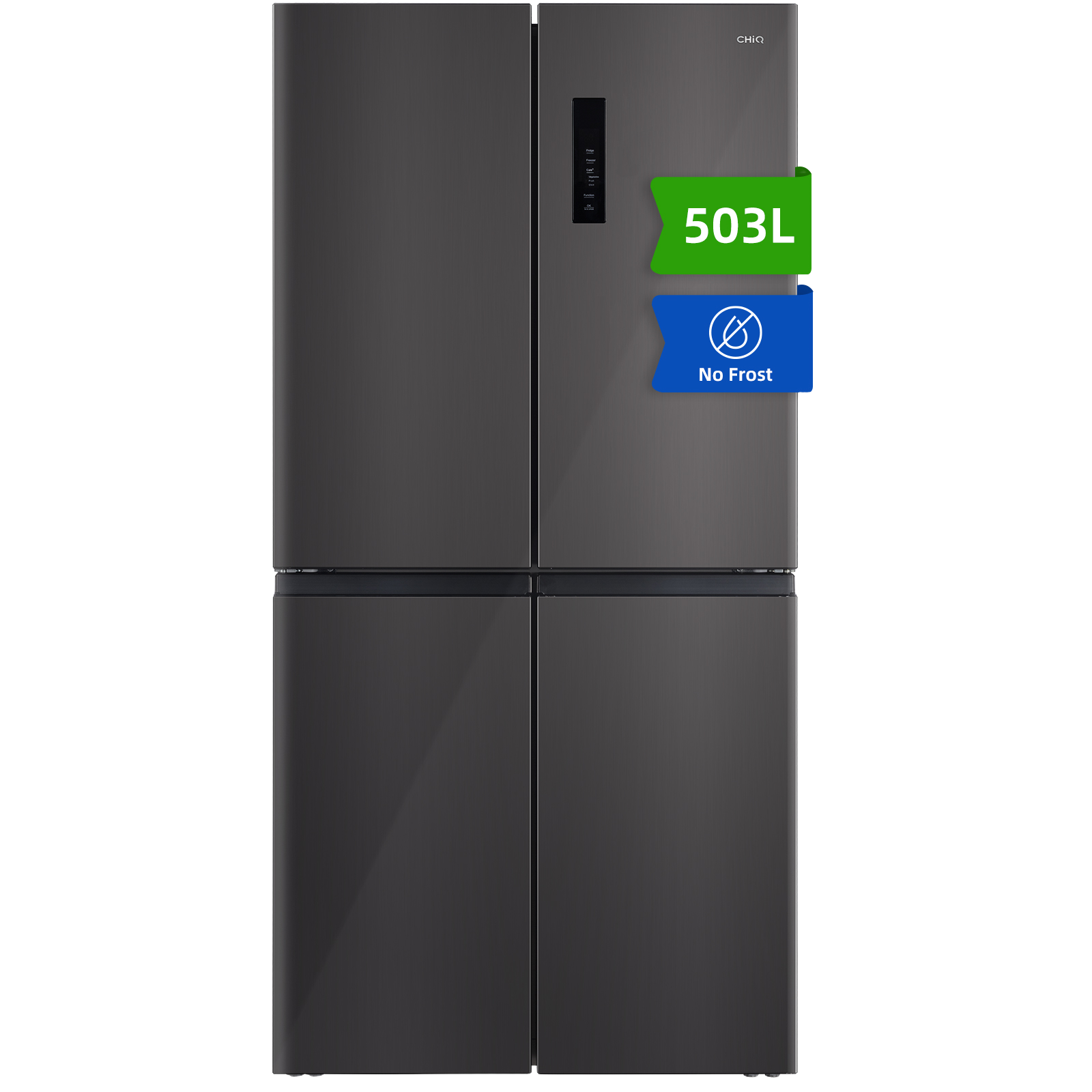 Un frigorifero CHIQ grigio scuro con quattro porte. Ha una capacità di 503L ed è No Frost.