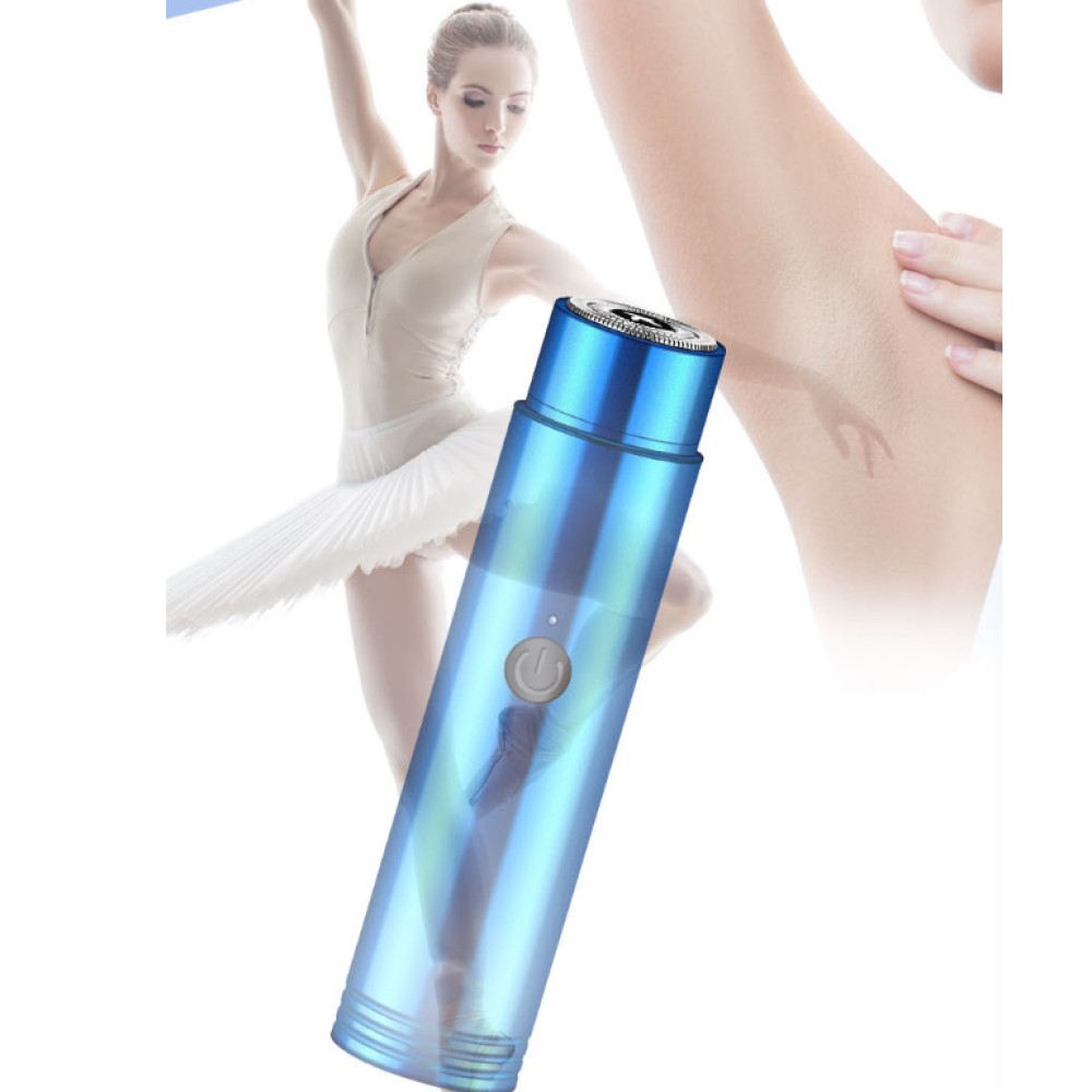 Ein blauer Elektrorasierer im Vordergrund. Eine Ballerina und ein Frauenarm im Hintergrund, die Haarentfernung bewerben.