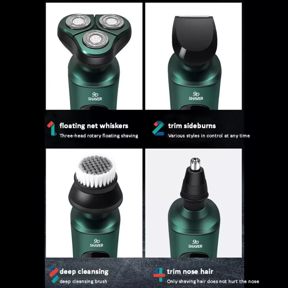 Ein grüner 9D-Rasierer mit austauschbaren Köpfen: Drei-Kopf-Rotations-, Trimmer-, Bürsten- und Nasenhaartrimmer, der seine Funktionen zeigt.