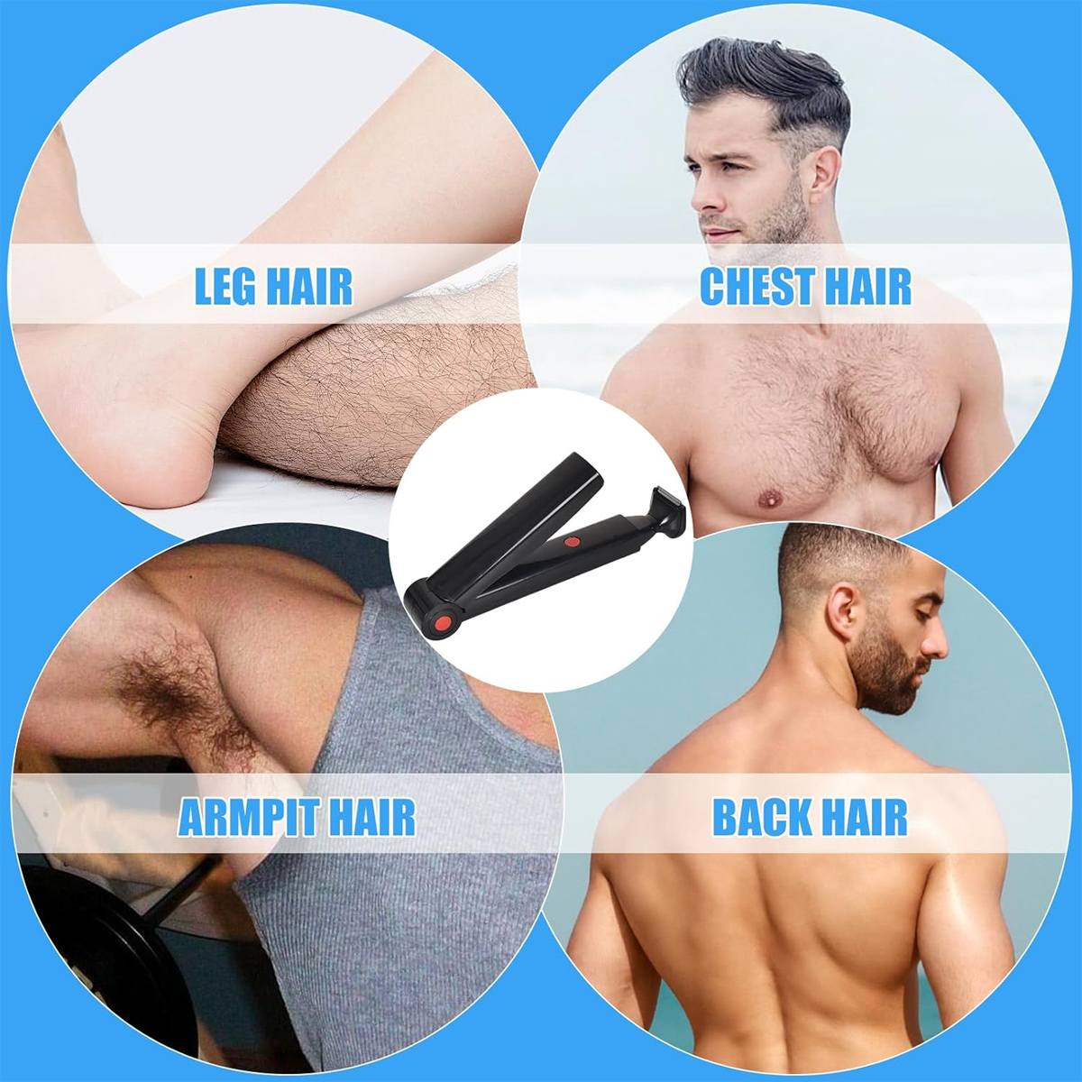 Das Bild zeigt Körperteile mit Haaren: Bein, Brust, Achsel und Rücken. In der Mitte befindet sich ein schwarzer Trimmer.