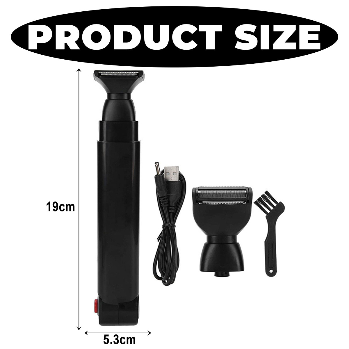 Schwarzes Pflege-Set mit Trimmer, Klingen, Bürste und Ladegerät. Maße: 19 cm hoch und 5,3 cm breit. Text Produktgröße oben.