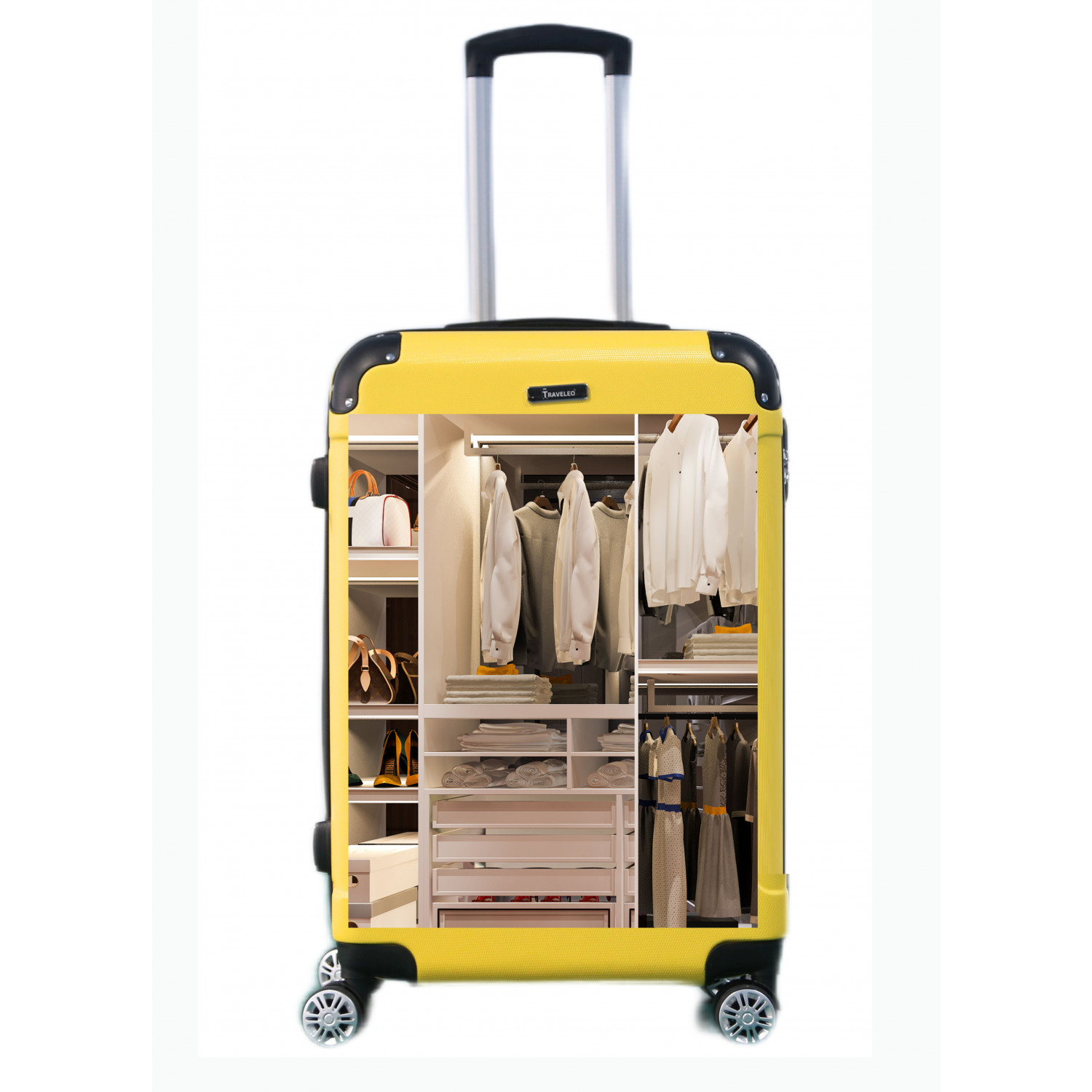 Ein gelber Koffer mit einem Kleiderschrank im Inneren. Kleidung, Taschen und Schuhe sind sichtbar. Der Koffer hat einen ausziehbaren Griff und Räder.