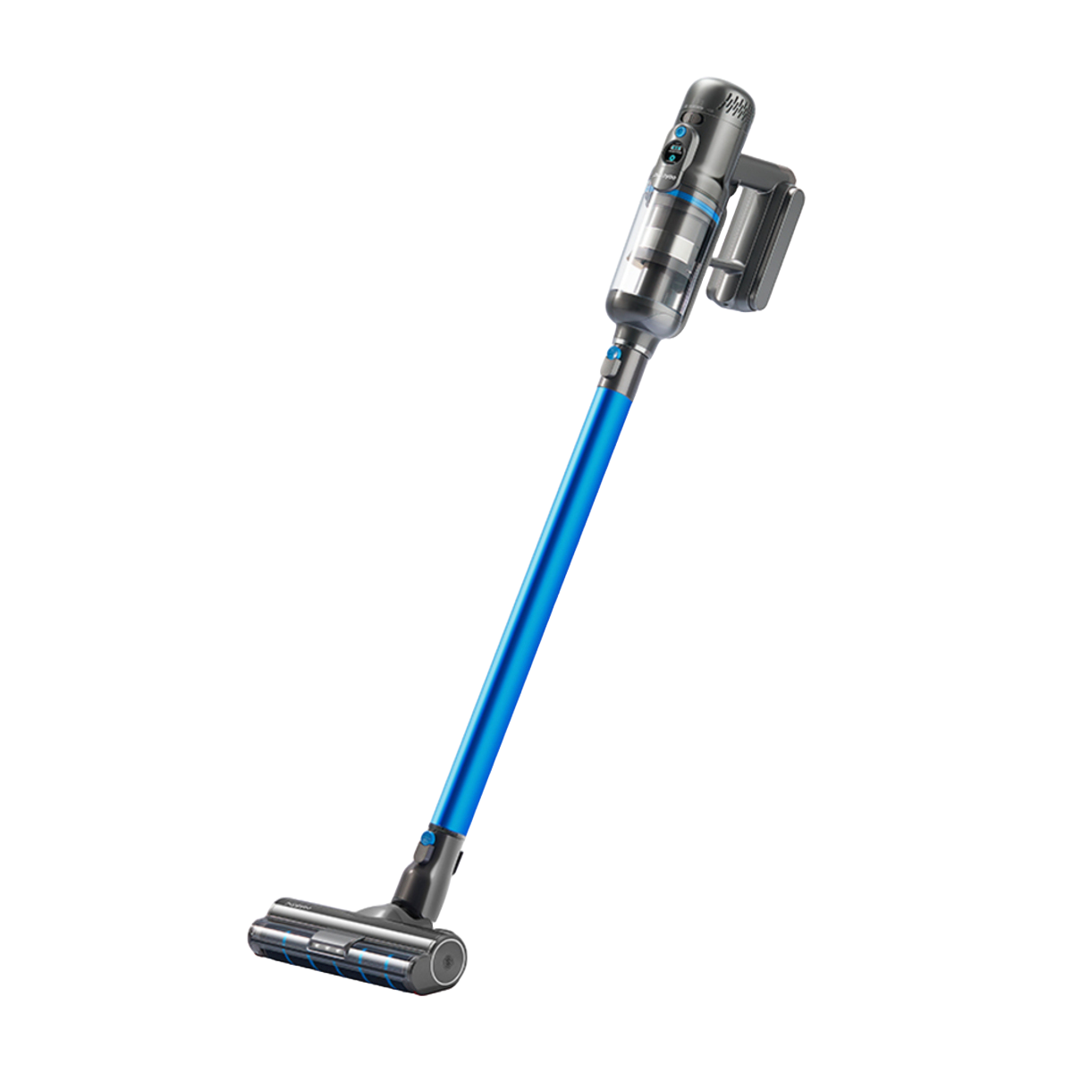Un aspirapolvere senza fili con manico blu e componenti argentati e grigi. È su uno sfondo nero.