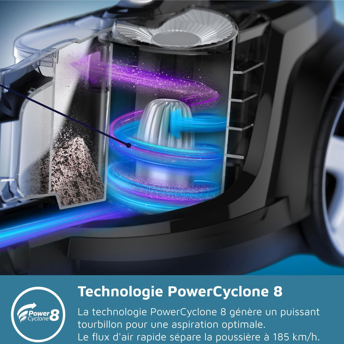 Przekrój poprzeczny odkurzacza pokazujący przepływ powietrza i separację kurzu. Niebieskie i fioletowe prądy powietrza wirują. Tekst: technologia PowerCyclone 8.