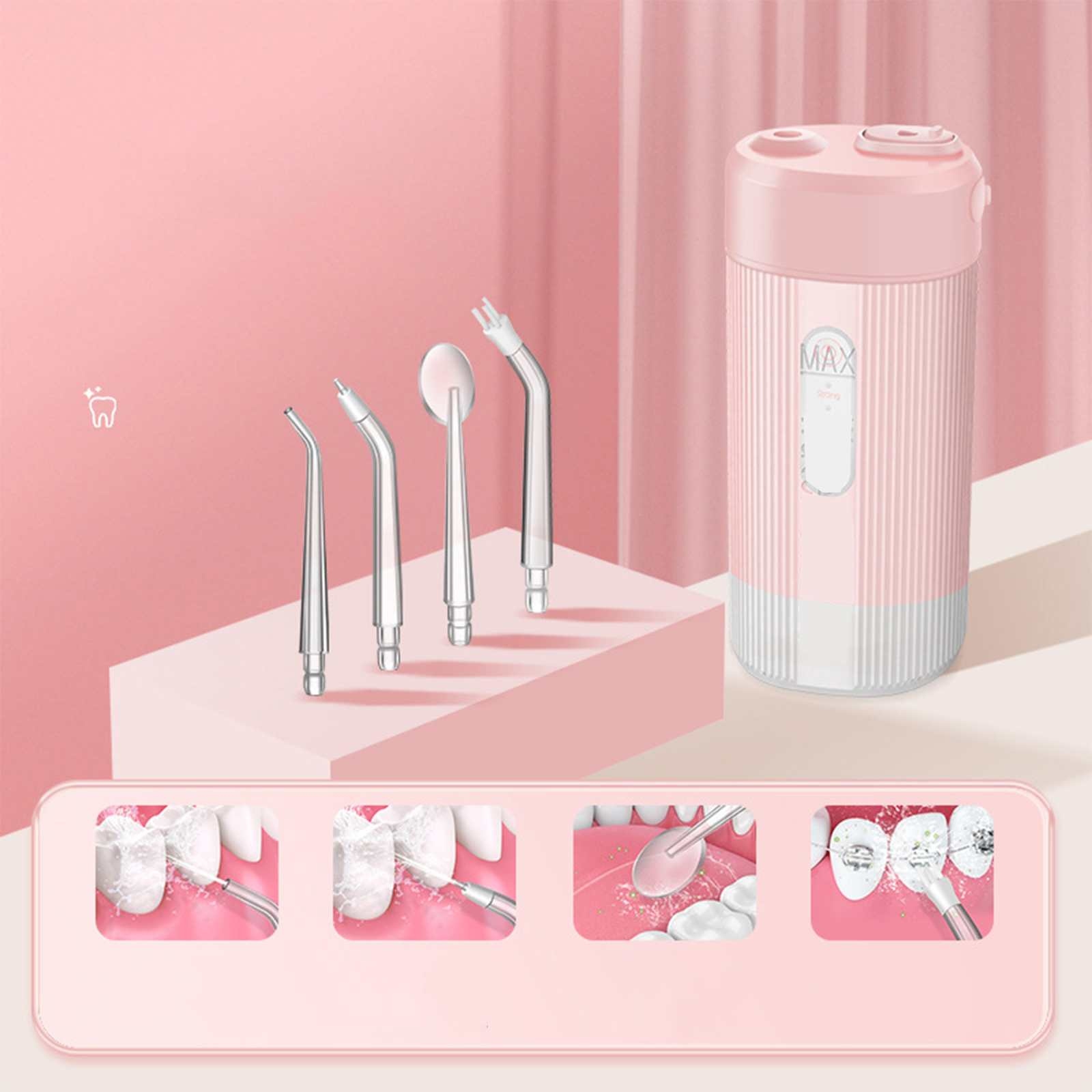 Eine rosa Zahn-Wasser-Flosser mit verschiedenen Aufsätzen. Es steht auf einem rosa Ständer. Der Hintergrund ist rosa.