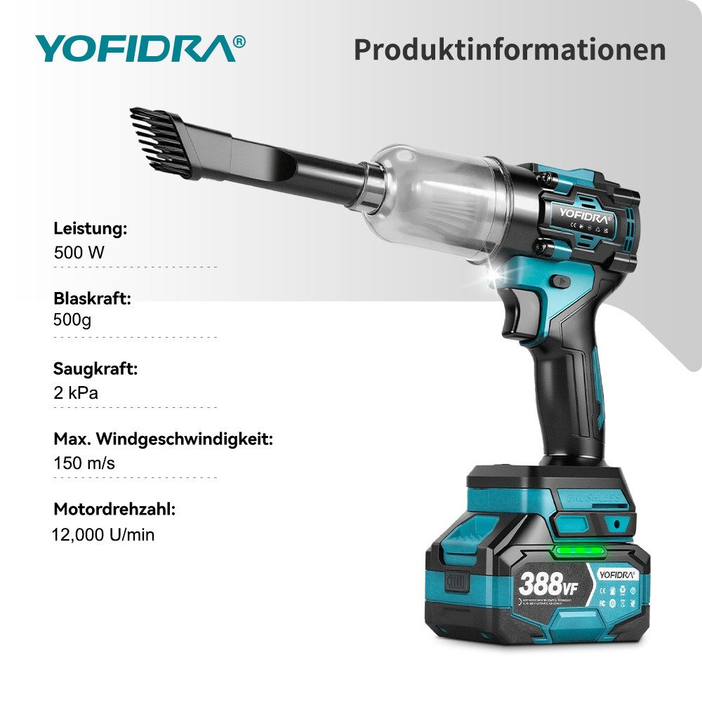Ein teal-farbener und schwarzer Yofidra-Staubsauger mit Produktinformationen. Er hat eine transparente Staubkammer und einen Akku.
