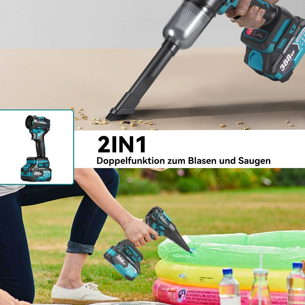 Eine Person benutzt einen 2-in-1-Akku-Staubsauger. Das Bild zeigt das Gerät in Gebrauch und ein kleines Vorschaubild.