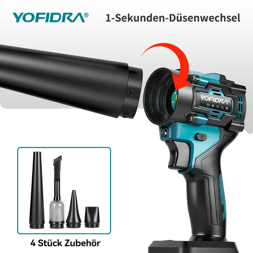 Ein türkisfarbenes und schwarzes YOFIDRA-Gerät mit einem Pfeil, der den Düsenwechsel zeigt. Unten zeigt eine Box 4 Zubehörteile.