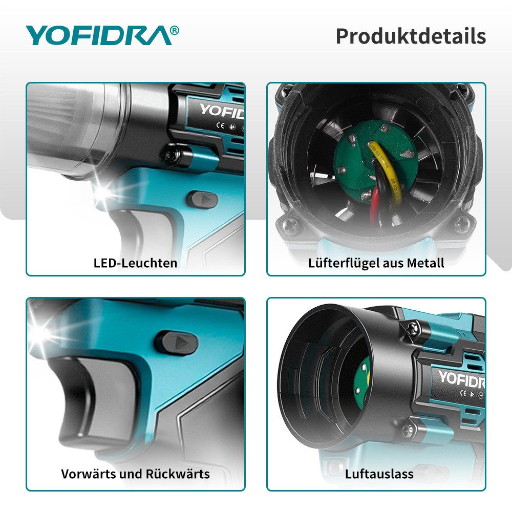 Das Bild zeigt Nahaufnahmen eines türkisblauen und schwarzen Elektrowerkzeugs, wobei Funktionen wie LED-Leuchten, Metalllüfterflügel und Vorwärts-/Rückwärtseinstellungen hervorgehoben werden.