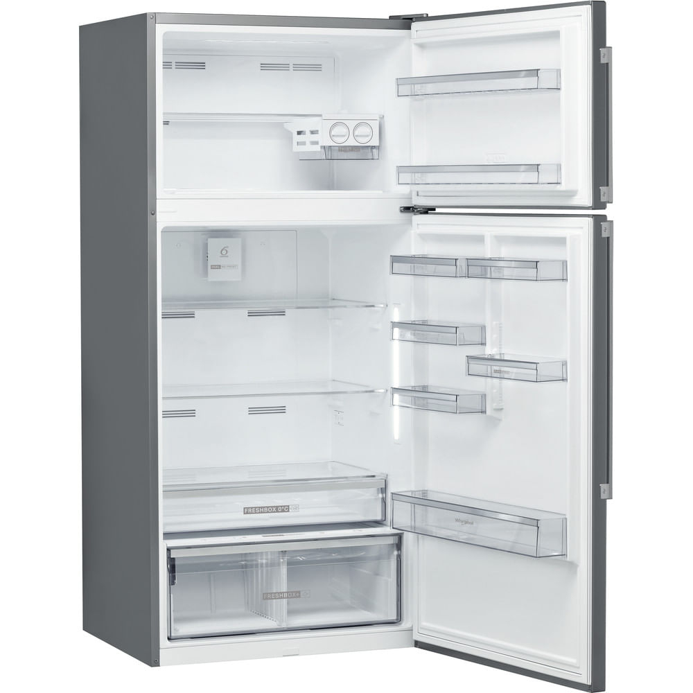 Frigorifero aperto, esterno grigio. Interno: ripiani, cassetti e scomparti. Interno bianco. Porta destra aperta.