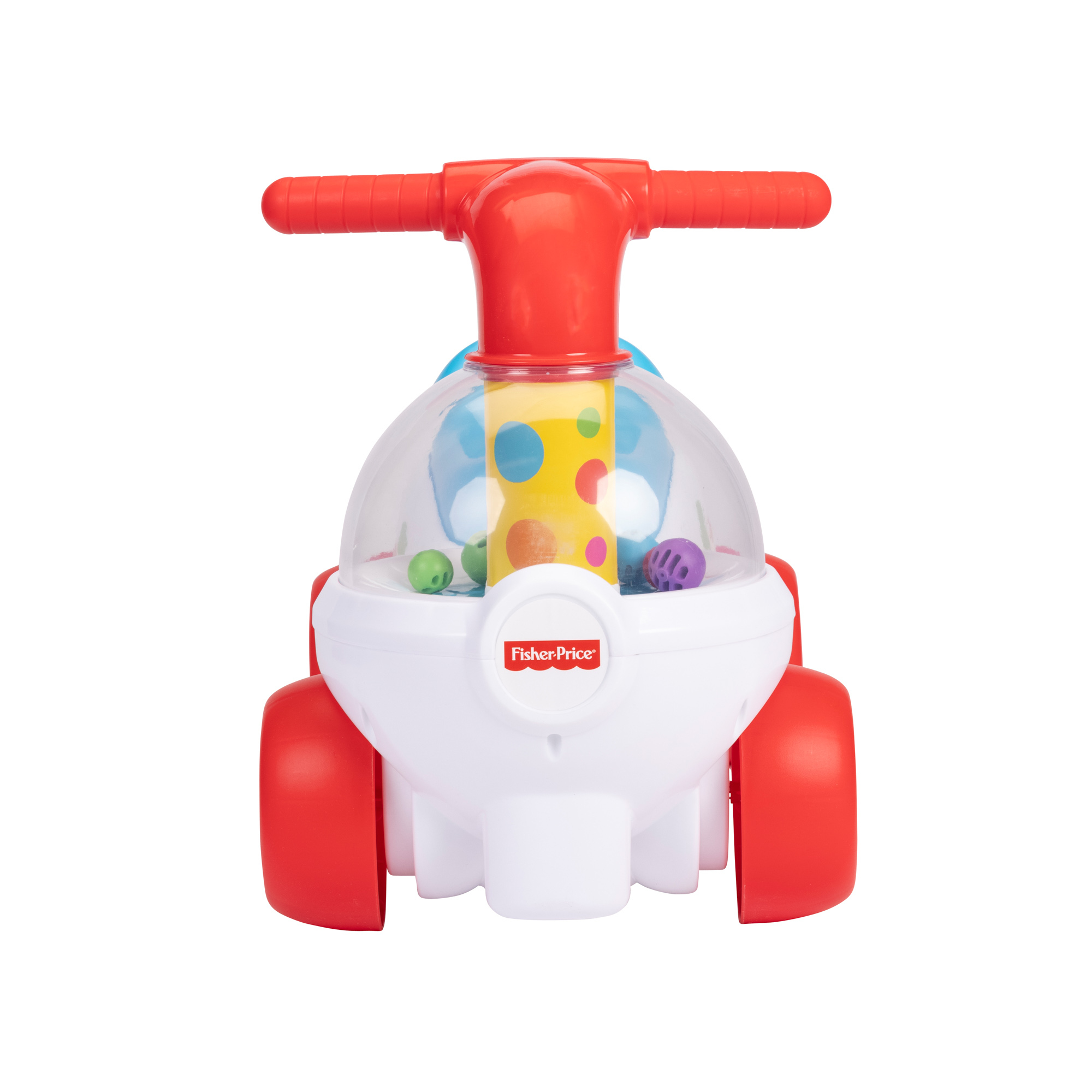 Un'auto giocattolo rossa, bianca e gialla con una cupola trasparente piena di palline colorate. Ha un manico e ruote rosse.